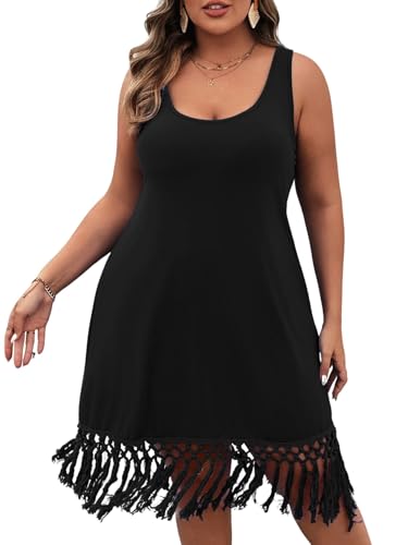 Verdusa Women's Plus Size Fringe Cowgirl Dress Boho Flowy Tassel Sleeveless Midi Dresses