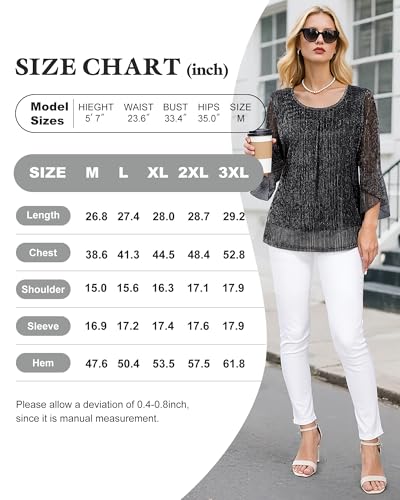 Bebonnie Women's Ruffle 3/4 Sleeve Elegant Dressy Blouses Crew Neck Double Layers Mesh Tunic Tops