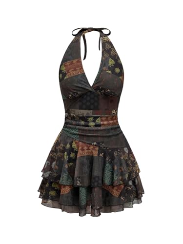 Verdusa Women's Embroidery Tie Back Halter Dress Boho Tiered Layered Flowy Dresses Western Cowgirl Outfits