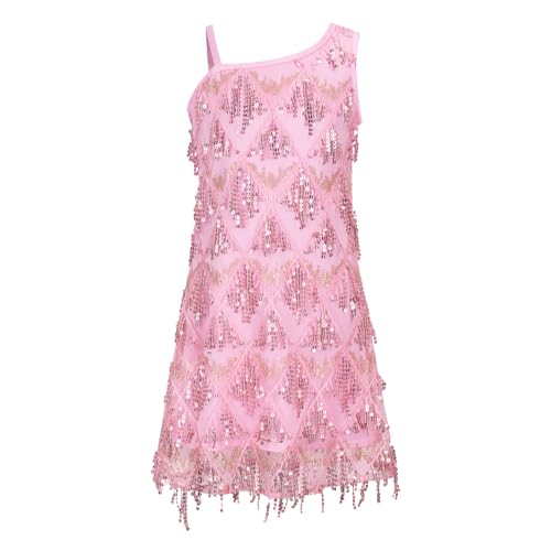 WELAKEN Girls One Shoulder Sequin Fringe Flapper Dress with Side Zipper