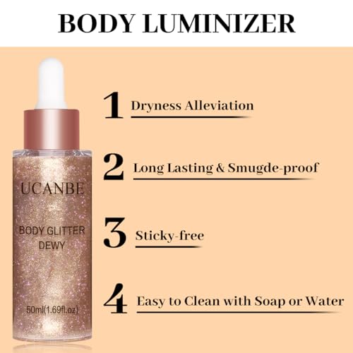 UCANBE Hydrating Body Glitter Dewy Highlighter Makeup Luminizer Drops Body Shimmer Liquid Face Glow Sparkles for Women Gif...