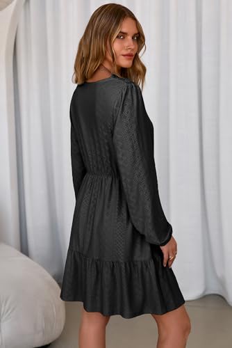 Dokotoo Spring Dresses for Women 2026 Elegant Lace Hollow Out Embroidered V Neck Long Sleeve Casual A-Line Swing Mini Dress