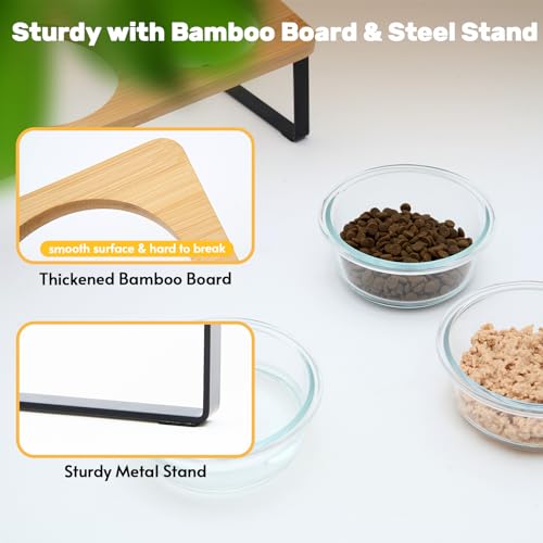 Lawfery Elevated Cat Bowls, 15° Tilted Cat Food Bowl, Includes 3 Glass Bowls, Bamboo Board, and Metal Stand for Cats and P...