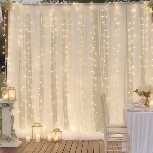 10ft x 10ft Cream White Chiffon Backdrop Curtain with Lights String for Parites Wedding Wrinkle Free Curtain Photo Backdro...
