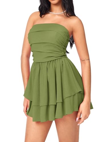 CIDER Women's Summer Cocktail Dress - Tube Ruched Ruffle Mini Dress