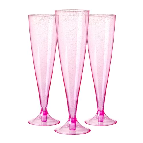 Homy Feel Pink Glitter Plastic Pink Wine Glasses 30 Pack,5 OZ Champagne Flutes Disposable for Party,Plastic Champagne Flut...