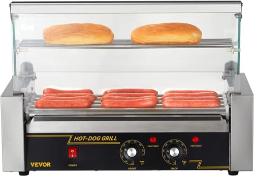 VEVOR Hot Dog Roller 5 Rollers 12 Hot Dogs Capacity, 750W Stainless Sausage Grill Cooker Machine with Dual Temp Control Glass Hood Acrylic Cover Bun Warmer Shelf Removable Oil Drip Tray ETL Certified