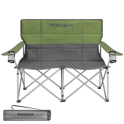 [outlets]VIVOSUN Double Camping Chair, Fully Padded Folding Loveseat, Portable Oversized Duo Chair with Storage Cup Holders, Height-adjustable Armrests & Carry Bag, Supports up to 500lbs, Green & Grey