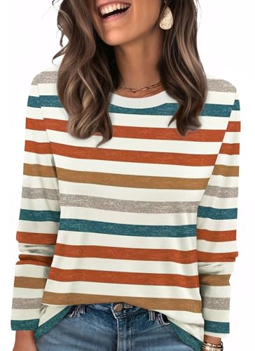 WIHOLL Womens Striped Long Sleeve Shirts Fall Outfits 2025 Color Block Tops Fashion Clothing Ribbed Crewneck Tee Blouses