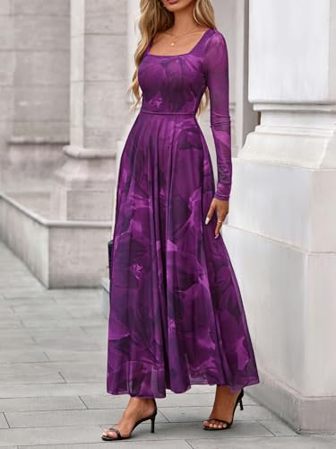 BTFBM Women Maxi Dress Spring 2026 Fashion Elegant Long Sleeve Square Neck Floral Print Party Club Wedding Guest Dresses