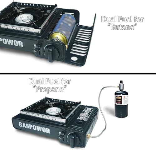 GASPOWOR Propane or Butane Stove with Windblocker, 10,000 BTU Dual Fuel Propane Stove for Camping, Automatic Ignition Gas ...