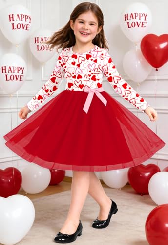 Remimi Girls Valentine's Tutu Dress Long Sleeve Tulle Heart Printed Dresses 3-12 Years