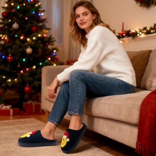 Christmas Slippers For Men and Women, Retro Fuzzy Smile Face Slipper Cozy Furry Plush Happy Cozy Non-slip House Slippers F...