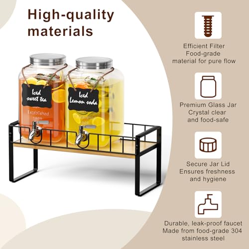 Zuyachuza 2-pack 1 Gallon Drink Dispenser,Glass Beverage Dispenser with Spigot,Lemonade dispenser Bamboo Stand for Outsid...