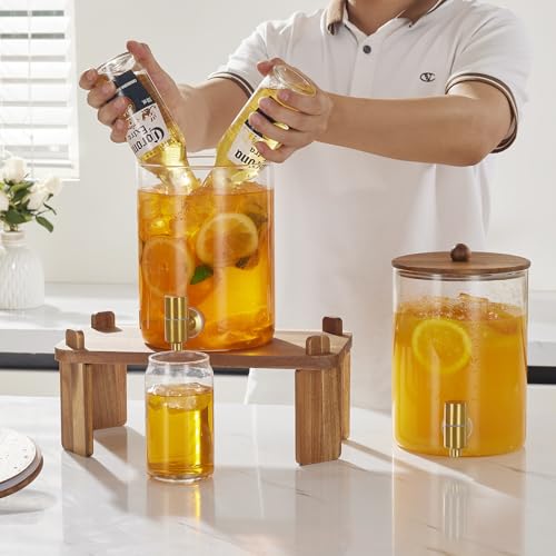 2 PCS 1 Gallon Drink dispenser, Glass Beverage Dispenser With Wood Stand, Large Water Drink Dispensers for Parties With St...