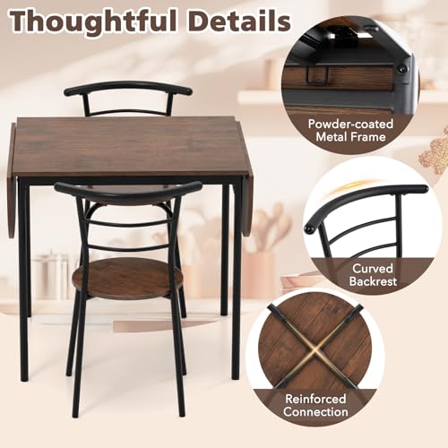 GOFLAME 3-Piece Drop Leaf Dining Table Set, Extendable Kitchen Breakfast Table with 2 Chairs, Space Saving Folding Dining ...