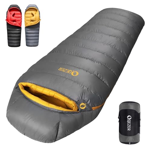 QEZER Down Sleeping Bag for Adults 620 Fill Power 0 Degree Sleeping Bag Cold Weather Ultralight with Pouch for Backpackin...
