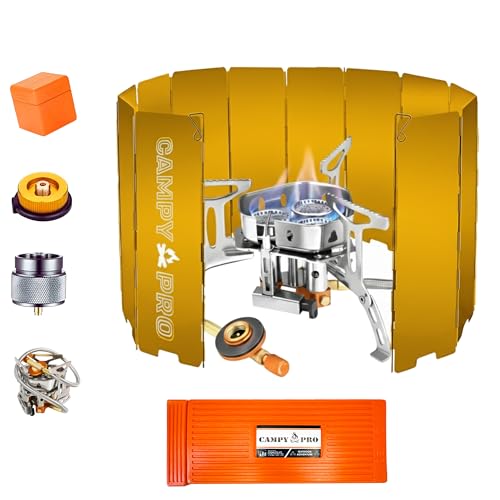 CAMPY PRO 6800 W Portable Gas Stove with Orange 12-Plate Windscreen, Portable Gas Burner, Piezo Ignition, Includes Butane,...