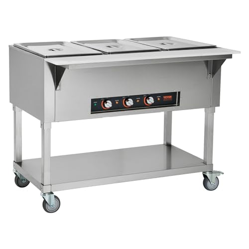 VEVOR 3-Pan Commercial Food Warmer, 3 x 20.6QT Electric Warm Table, 1500W Professional Buffet Catering Food Warmer with 4 Wheels (2 Lockable), Food Grade Stainless Steel Server for Party Restaurant