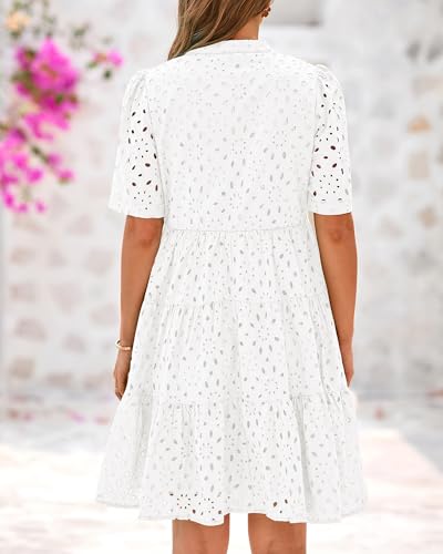 BTFBM Womens Boho Summer Dresses 2026 Spring V Neck Short Sleeve Hollow Out Lace Ruffle Casual Beach Mini Vacation Dress