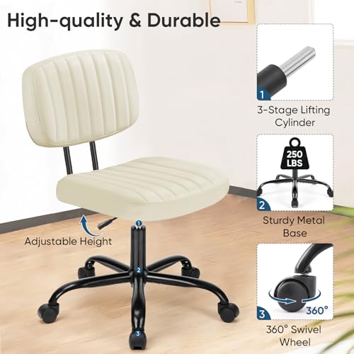 DUMOS Armless Home Office Desk Chair -Small Ergonomic with Low Back Lumbar Support, Height Adjustable PU Leather Computer ...