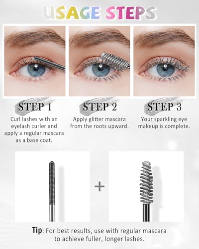 Silver Glitter Mascara for Eyelashes, Waterproof Diamond Sparkle Colored Mascara Volume and Length, Washable Define Long L...