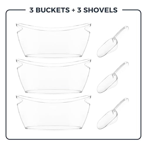 Clear Ice Buckets for Parties 3 Pack, 5.5L Clear Beverage Tub w/Handles & Scoops, Drink Buckets for Parties, Acrylic Bever...
