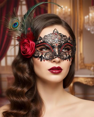 Campsis Feather Masquerade Mask Red Rhinestone Venetian Mask Flower Ball Masks for Women
