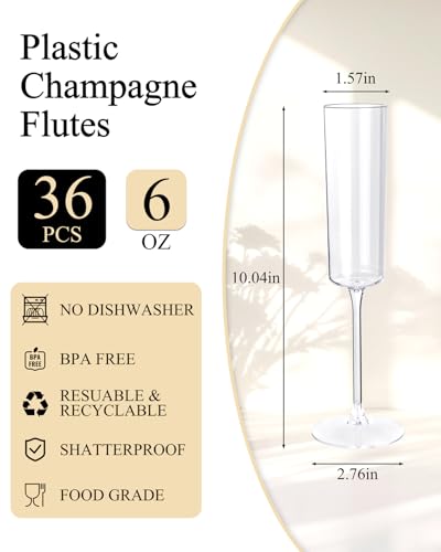 Ciaell 36 Pack Plastic Champagne Flutes - 6 Oz Disposable Champagne Glasses - Square Clear Plastic Toasting Glasses for Pa...