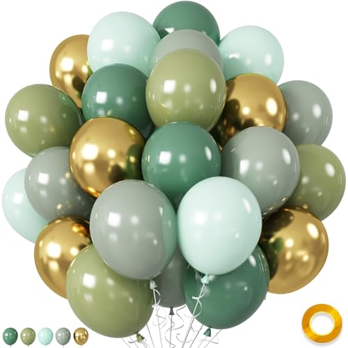 Sage Green and Gold Balloons, Pastel Sage Gold Party Balloons, Eucalyptus Olive Mint Green Biodegradable Balloon for Baby ...