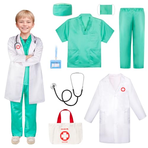 Meland Doctor Costume for Girls - Kids Scrubs with Lab Coat & Carry Bag, Doctor Dress Up for Halloween, Career Day Role Play