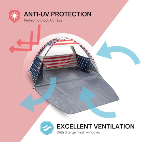 American Flag Portable Beach Tent Anti UV for 3-4 Person – Premium Beach Tent Sun Shelter with 3 Large Mesh Windows – Shad...