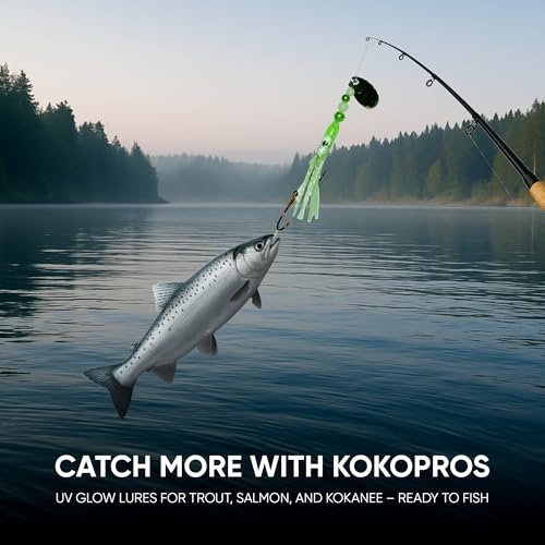 KOKOPROS Squid Fishing Hoochies 10 Pack -Glow Fresh Water Kokanee Salmon Trolling Lures with Pre-Rigged Octopus Hooks - Sp...