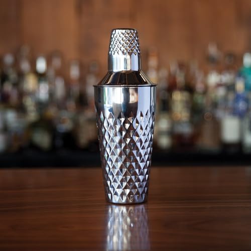 Viski Diamond Cocktail Shaker Set, 25 oz Faceted Stainless Steel Shaker With Strainer