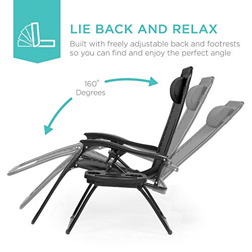 Best Choice Products Set of 2 Adjustable Steel Mesh Zero Gravity Lounge Chair Recliners w/Pillows and Cup Holder Trays - B...