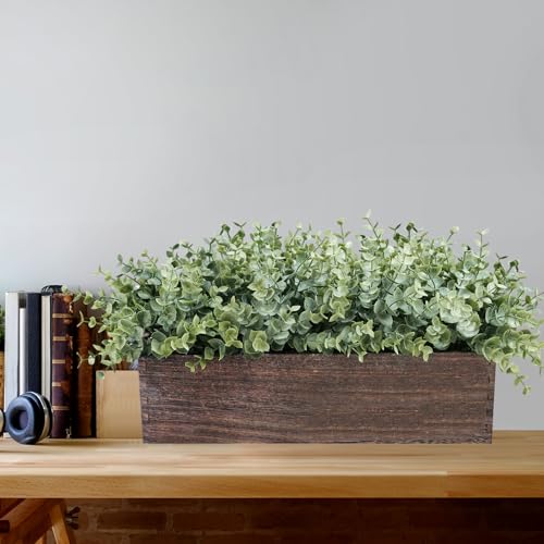 Winlyn 14" Artificial Eucalyptus in Rectangular Wood Planter Box Faux Plants Arrangement Centerpiece Wooden Potted Eucalyp...