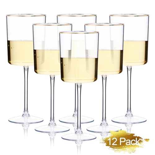 Ciaell 12 Pack Plastic Wine Glasses - 10 Oz Plastic Wine Glasses with Stem - Gold Rim Disposable Cups for Parties & Weddin...