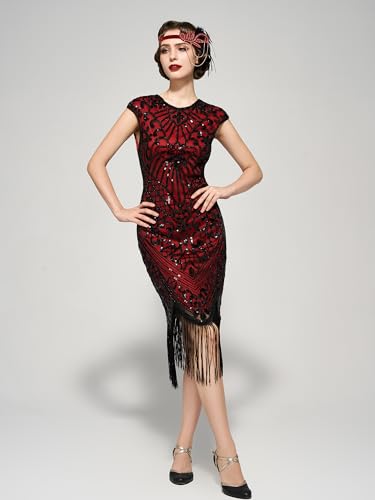 SWEETV YESSA Women's Flapper Dresses 1920s Great Gatsby Dresses Sequin Fringed Roaring 20s Cocktail Dress