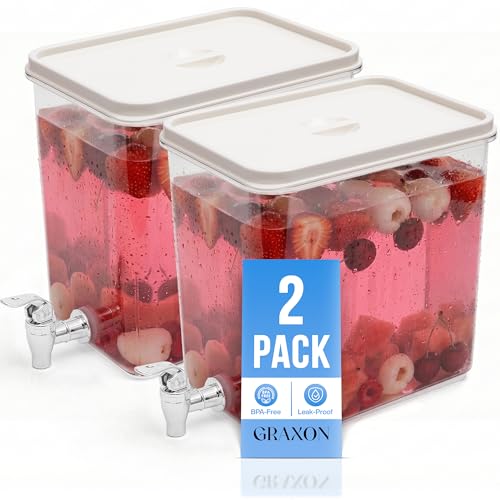 Drink Dispenser for Fridge (2 Pack) 2 Gallon Beverage Cube Dispenser with Spigot, Stackable, Leak-Proof Plastic Juice, Sod...