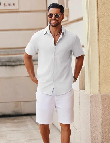COOFANDY Men's Button Down Short Sleeve Shirt Casual Cotton Summer Beach Linen Wedding Shirts with Pocket