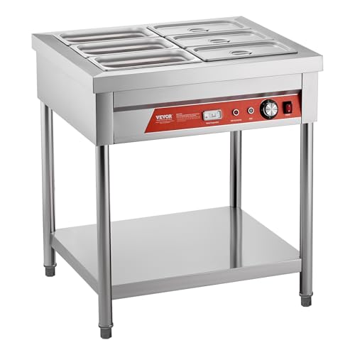 VEVOR 6-Pan Commercial Food Warmer, 6 x 1/3 Pans Electric Steam Table, 1500W Professional Buffet Catering Food Warmer with Undershelf, Stainless Steel Server for Restaurant Party Hotel