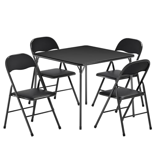 VECELO Square Folding Portable Card Table 4 Foldable Chair Sets 5PCS with Collapsible Legs & Vinyl Upholstery Padded, Meta...