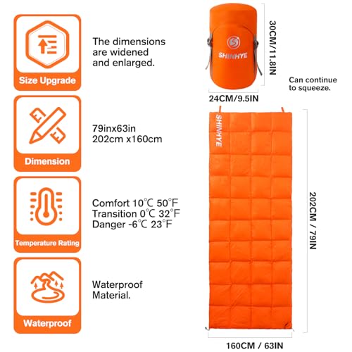 ShinHye Ultralight Adult Sleeping Bag 500g Premium Duck Down - Waterproof & Compressible 3-Season Camping/Backpacking 40-5...