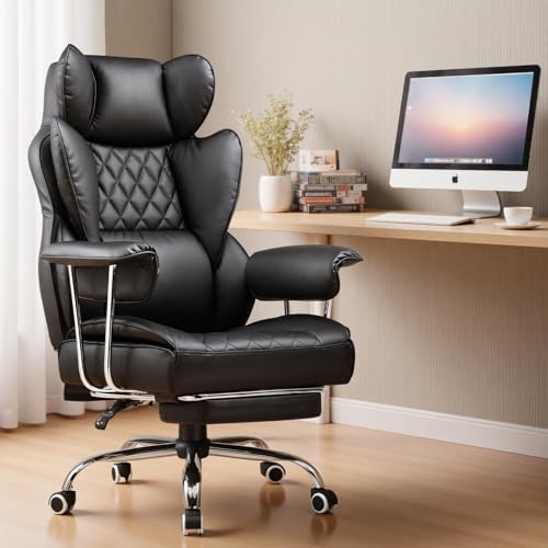 COMHOMA Big and Tall Office Chair, High Back Leather Gaming Chair with Footrest, Executive Ergonomic Office Chair with Poc...