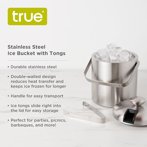 True Stainless Steel Ice Buckets for Parties with Lid, 1.3L Capacity Double Wall Ice Bucket with Tongs, Insulated Ice Buck...