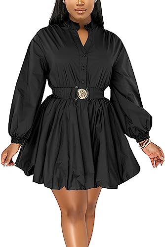 ENOPINK Womens Mini Dress Puff Sleeve Dresses 2026 Button Down Sexy V Neck A Line Party Clubwear with Belt