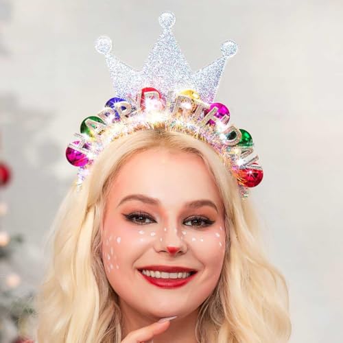 Zoestar Light Up Happy Birthday Crown Headband Glow Ball Hair Bands Led Birthday Party Hair Accessories Women