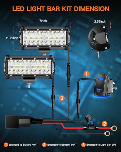 LEDMIRCY 7 Inch LED Light Bar Kit with Rocker Switch Wiring Harness 2PCS LED Pod Lights Triple Rows White Spot Flood Combo...
