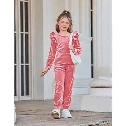 Arshiner Girls 2 Piece Outfits Velour Tracksuit Cute Clothes Sweatsuit Ruffle Pullover Sweatshirt Sweatpants Clothing Sets