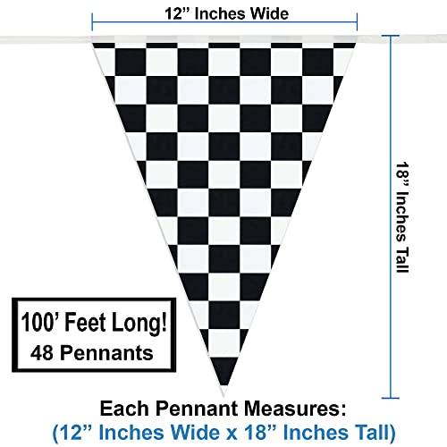 Checkered Flags Black and White 100’ FT Pennant Racing Banner | NASCAR Theme Party Decoration Plastic Flag | Race Car Part...